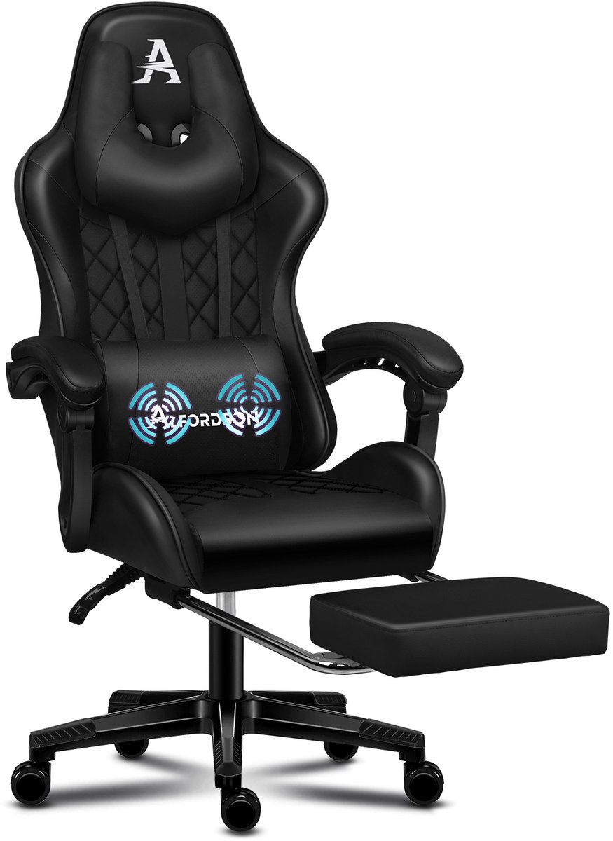 ALFORDSON Ethan - Gaming stoel bureau stoel - 360° draaibaar & 150° kantelbaar - Verstelbare zithoogte (44-54 cm) - Ingebouwde voetensteun - Lendenkussen - PU lederen zitting - Tot 180 kg