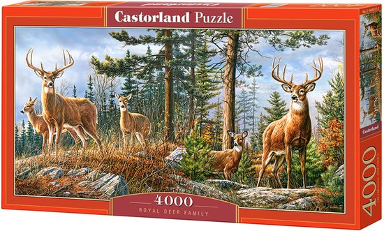 De voorkant van een Castorland puzzeldoos van 4000 stukjes, getiteld Royal Deer Family, met een boslandschap en herten.