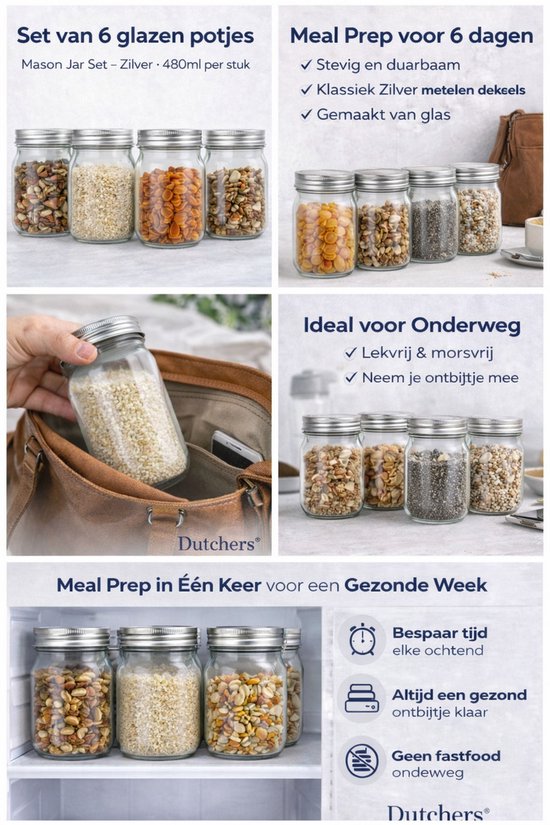 Set van 6 glazen potten, ideaal voor meal prep. Getoond met ontbijt in een tas en in een koelkast.