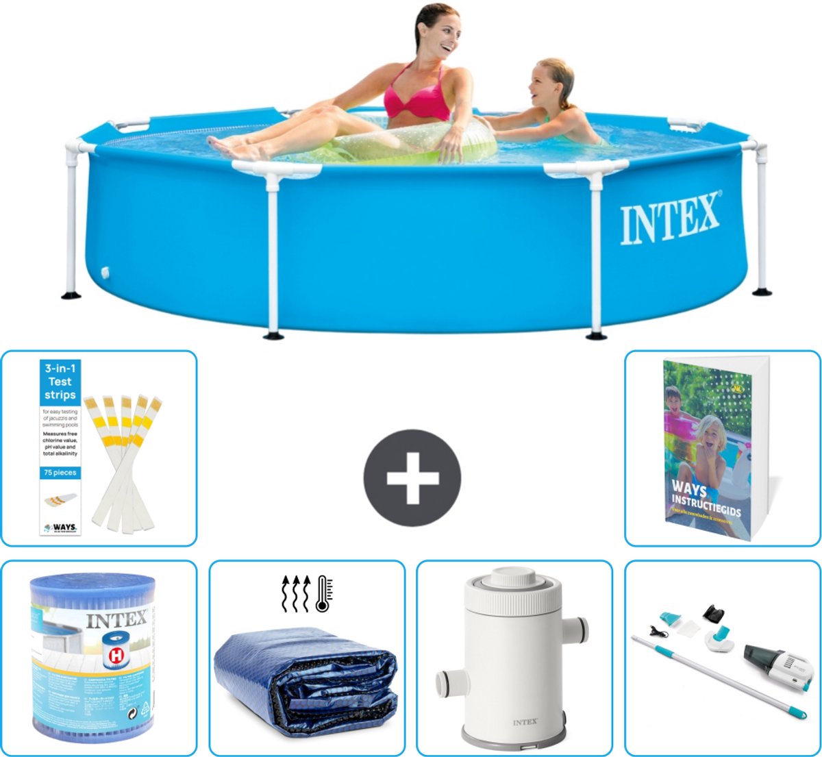 Intex Rond Frame Zwembad - 244 x 51 cm - Blauw - Inclusief Filter - Solarzeil - Zwembadfilterpomp - Stofzuiger - 7-delig