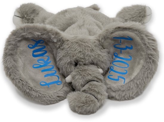 Grijze knuffel olifant met blauwe naam 'Lukas' en datum '1-3-2025' op de oren.