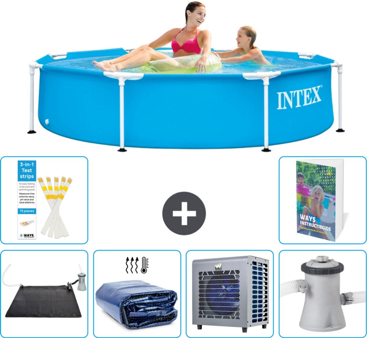 Intex Rond Frame Zwembad - 244 x 51 cm - Blauw - Inclusief Solar Mat - Solarzeil - Warmtepomp - Zwembadfilterpomp - 7-delig