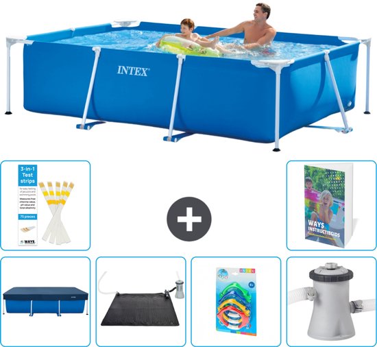 Collage van Intex zwembadaccessoires: blauw rechthoekig frame zwembad, teststrips, afdekzeil, solar mat, speelgoed, filterpomp.
