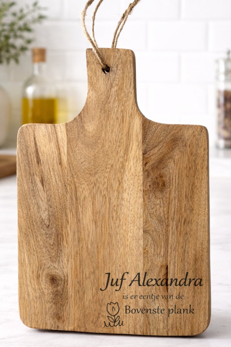 Gegraveerde borrelplank juf – Houten snijplank met tekst – Cadeau voor juf – Bedankje juf – Uniek cadeau