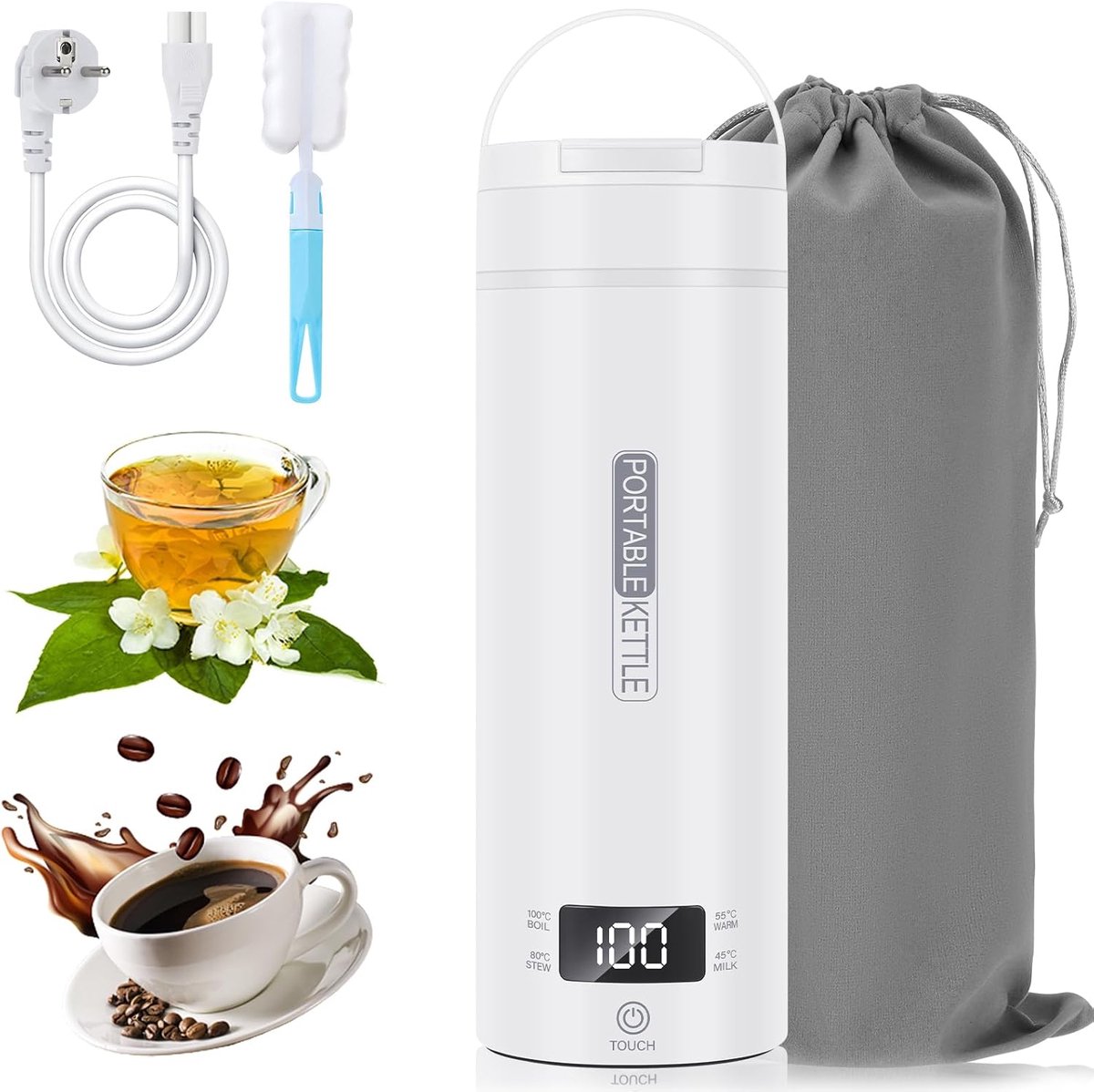 Elektrische reiswaterkoker, klein, 500 ml, draagbare elektrische waterkoker, 304 roestvrij staal, automatisch sluiten, snel kookwater, mini-waterkoker voor babymelk, thee, koffie
