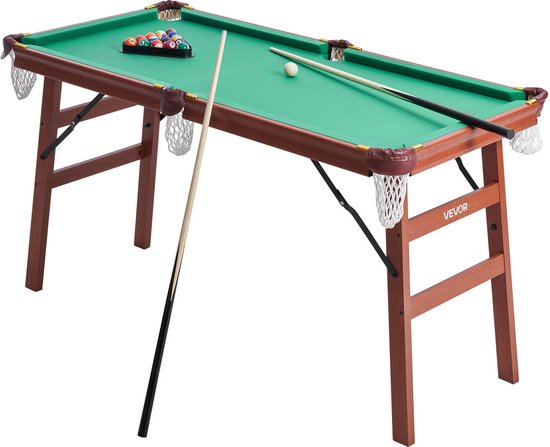 VEVOR Opvouwbare Pooltafel 140cm Draagbare Pooltafels, Opvouwbaar, Ruimtebesparende Entertainmentspelset, Inclusief Bal/keu/ Rek/ Krijt/ Borstel, Bruin met Groen Laken