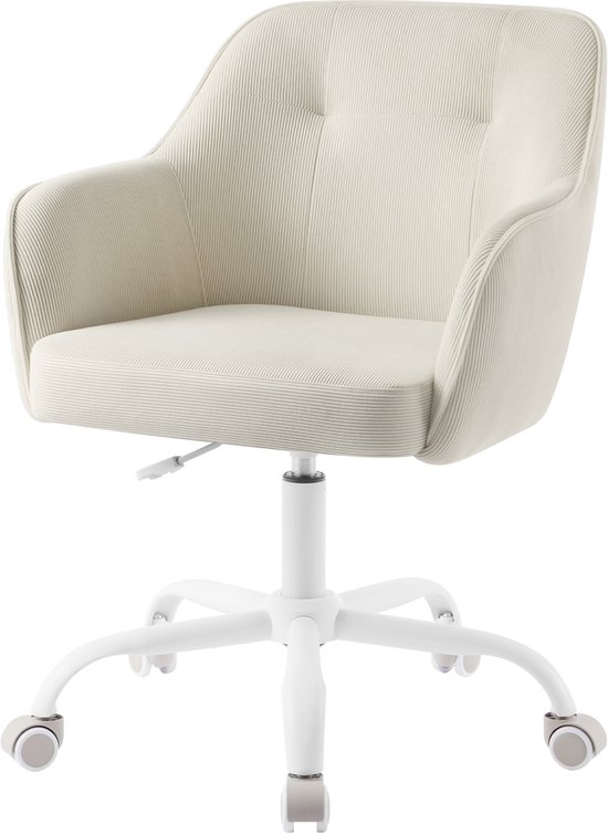 Fauteuil de bureau crème en tissu côtelé, pieds blancs et levier réglable.