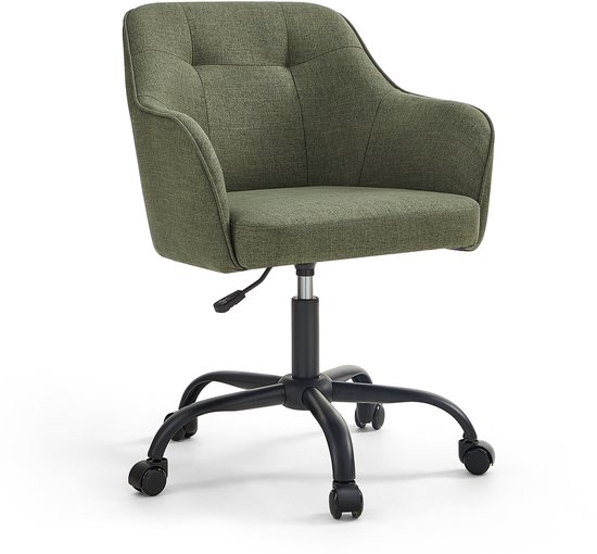 Chaise de bureau verte avec revêtement en tissu, base noire à roulettes et levier de réglage.