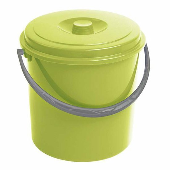 Lichtgroene emmer met deksel en grijs handvat. Capaciteit 16L.