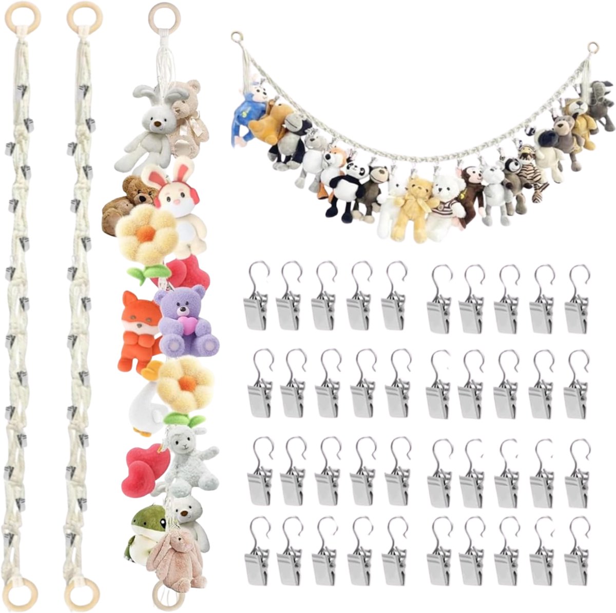 Ultiluxe® Knuffelnet - 2 Stuks - Hangende Opberger voor Knuffels - Opbergkoord - 2 m - Met Clips en Haken - Ruimtebesparend - Beige