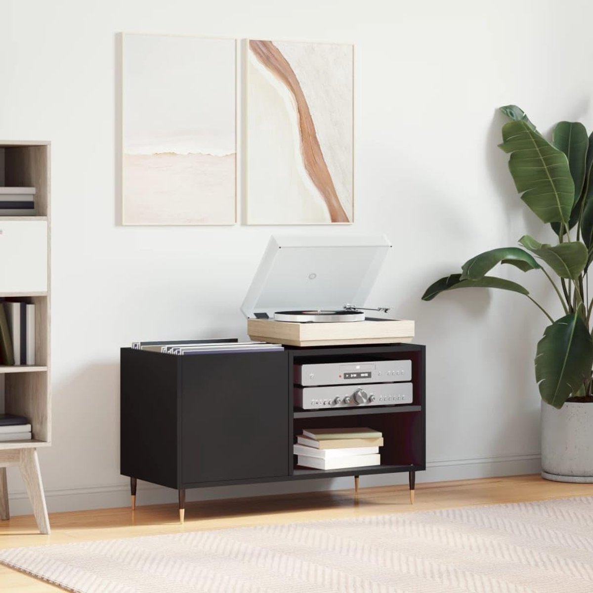 Houten cd-kast - Platenkast Opbergrek - Muziek Collectie - Stabiele IJzeren Poten - 85 x 38 x 48 cm - Zwart