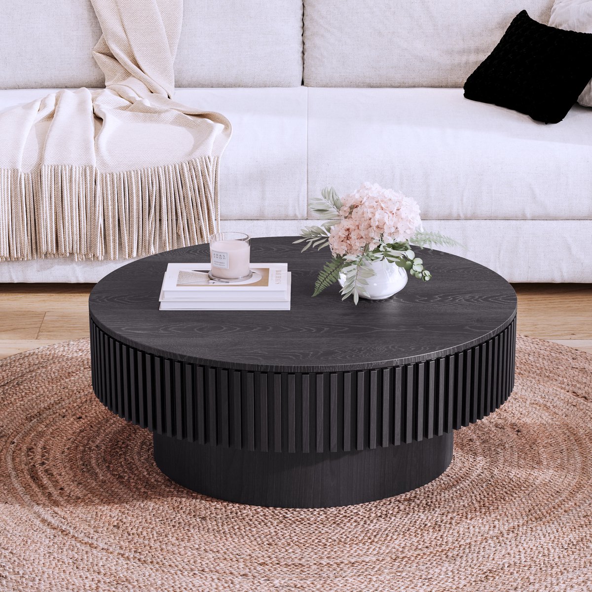 MODFU Salontafel – Ø75 cm – Met verborgen opbergruimte – Geribbeld design (paddestoelvorm) – Modern – Voor woonkamer of kantoor – MDF en houtfineer – Zwart
