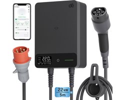 dé Laadpaal 22kW 32A 3 fase - Wallbox met APP - 5 meter Type 2 vaste kabel - EV-laadstation met Aardlekschakelaar Type B en IP54 Bescherming - voor BEV/PHEV - Zwart