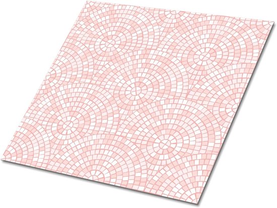 Zelfklevende vloerdecoratie met een patroon van roze en witte waaiervormige tegels.