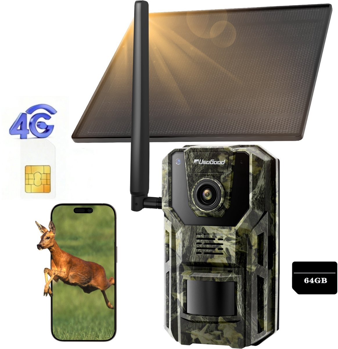 Usogood 4G Wildcamera met Zonnepaneel Oplaadbaar - Wildcamera met Nachtzicht - Incl. 64GB SD SIM Kaart - 7800 mAh Batterij - Geen wifi - Wildcamera Voor Buiten - Wildlife camera - Smartphone App