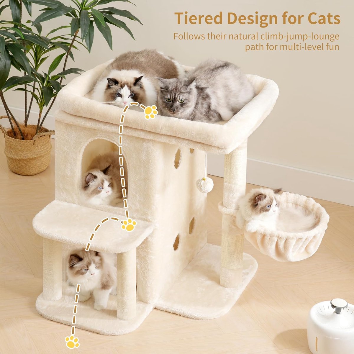 Katten Krabpaal 65cm Met Groot Platform Dubbel Huis Sisal Speelgoed Beige Compact – foto 7