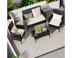 Garden set van 4-delig – Weerbestendige polyrotan zitgroep voor 4 personen – Tuinset voor buiten van rotan, tuinset voor 4 personen, inclusief 1 bank, 2 fauteuils, 1 tafel – Zwart