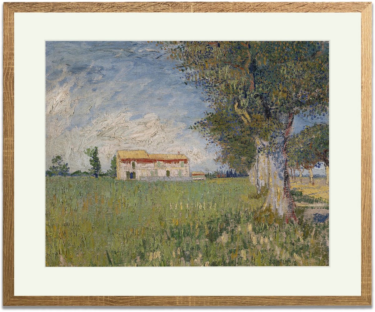 Boerderij in een korenveld (Vincent van Gogh) - Ingelijste Muurkunst - 63x53cm lichtbruin frame - Glasplaat en Passe-partout - Museum kwaliteit print