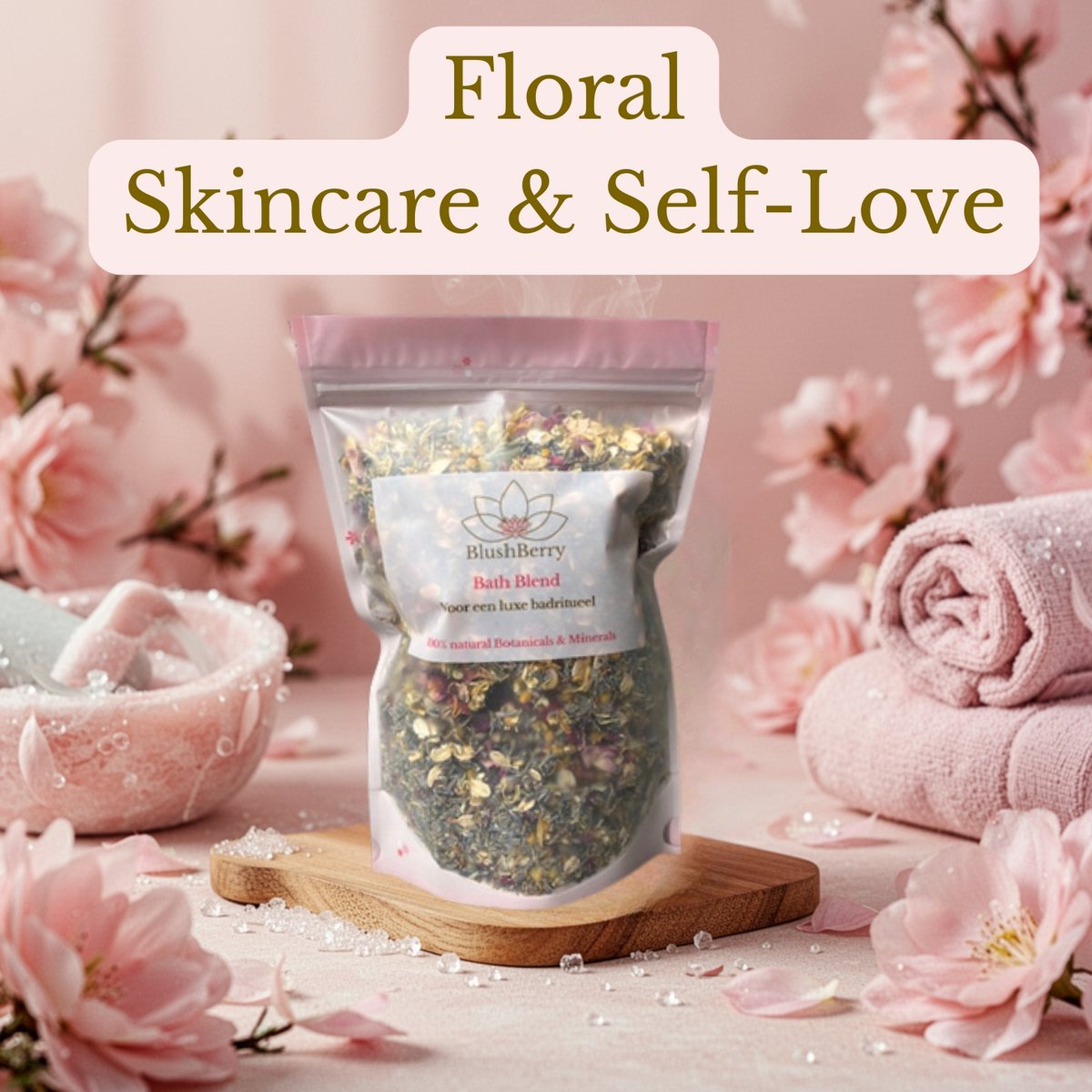 Blushberry Badzout Verzorgend & Verzachtend - Natuurlijke badkruiden - Bloemenbad met Himalayazout & Kokosmelk poeder - voor Skincare & Verzorging - Zacht voor de gevoelige huid - Voedend & Natuurlijk