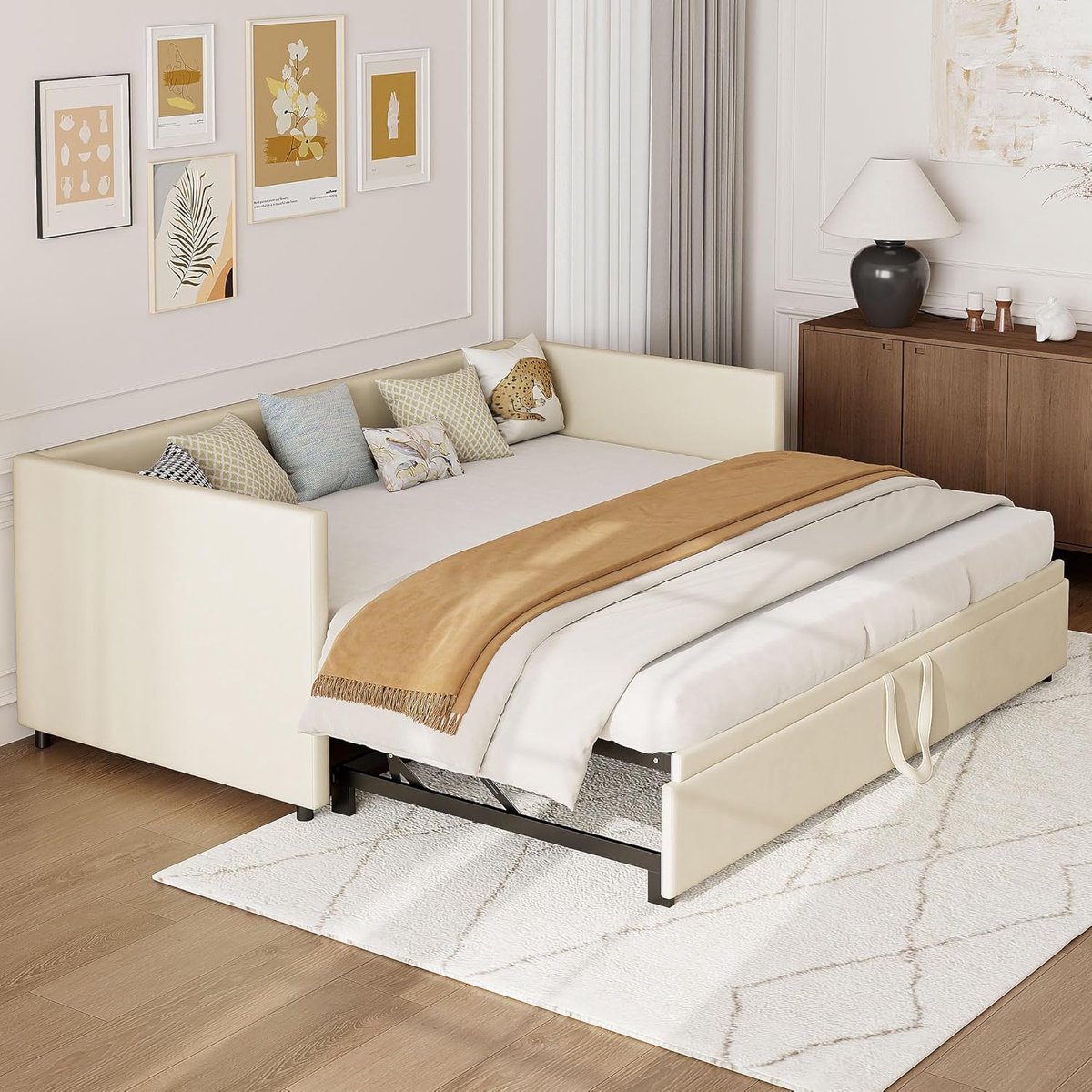 Slaapbank - Uittrekbed Bank - Ruimtebesparend Wonen - 3-in-1 Functie - 90x200cm - Beige