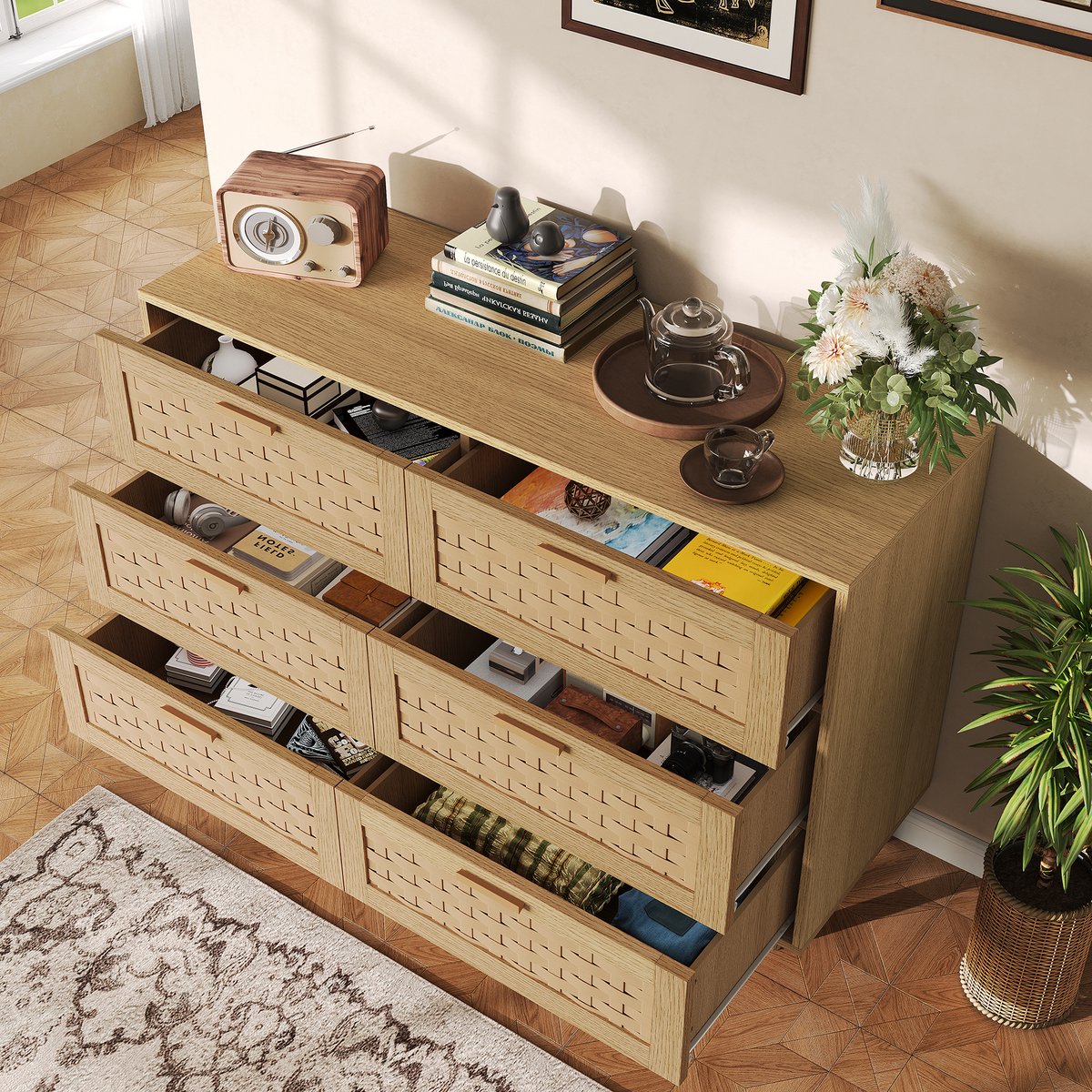 Commode met 6 laden en deuren, rotan afwerking, voor woonkamer en slaapkamer, 115x40x80 cm, naturel houtkleur