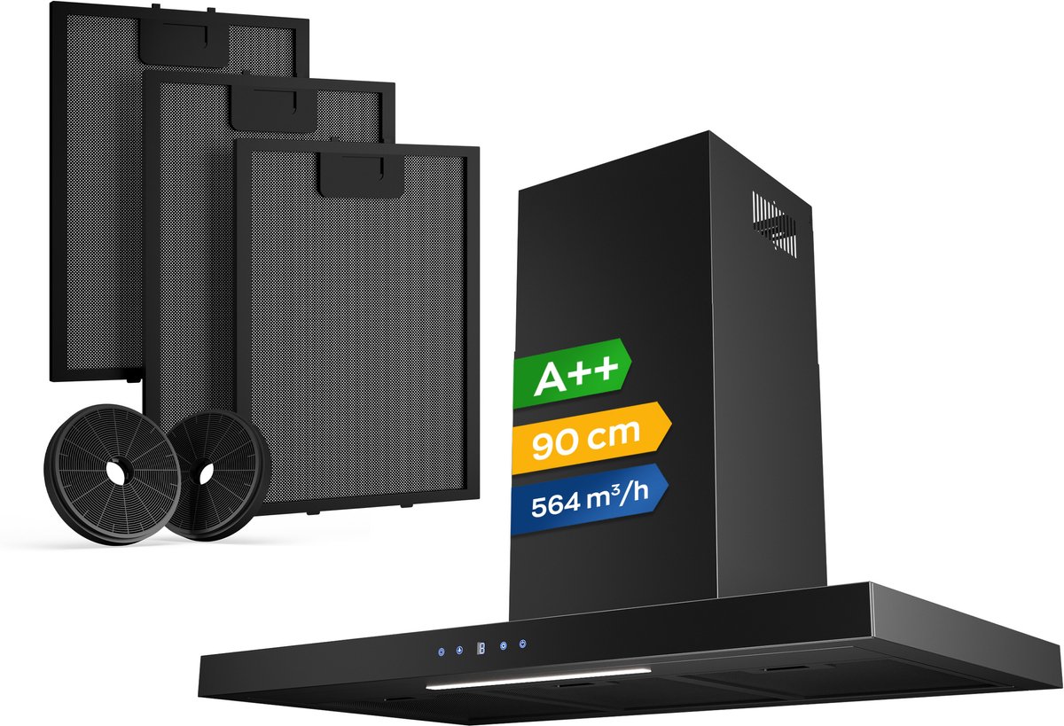 Heinrich’s HDU 7632 SW 90cm Afzuigkap zwart - inclusief set koolstoffilters – 564m3 - energieklasse A++