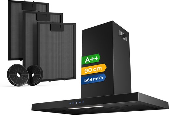 Heinrich’s HDU 7632 SW 90cm Afzuigkap zwart - inclusief set koolstoffilters – 564m3 - energieklasse A++