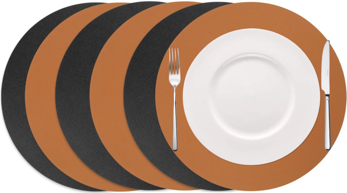 Cookinglife Placemats - Set van 6 - Dubbelzijdig - Ronde Lederlook Onderleggers - Vegan leer - Zwart/Cognac - Ø38 cm