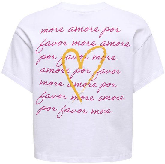 Witte cropped T-shirt met tekst 'more amore por favor' en hartprint in roze en oranje.