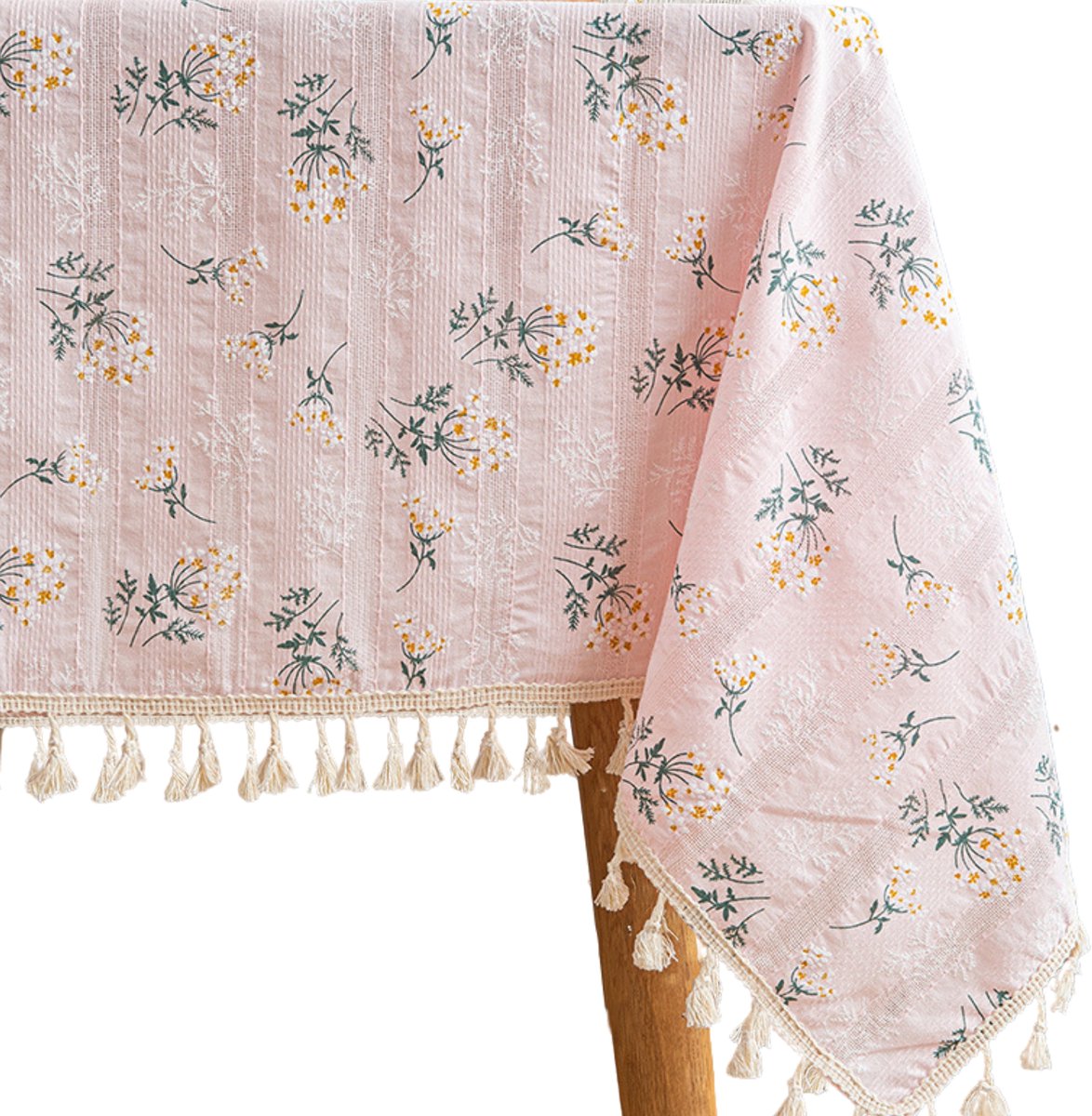 House of Husk Geweven Tafelkleed - Tafellaken - Tafel Decoratie - Uitwasbaar - Creme Groen Gebloemd- 140x240cm - Roze
