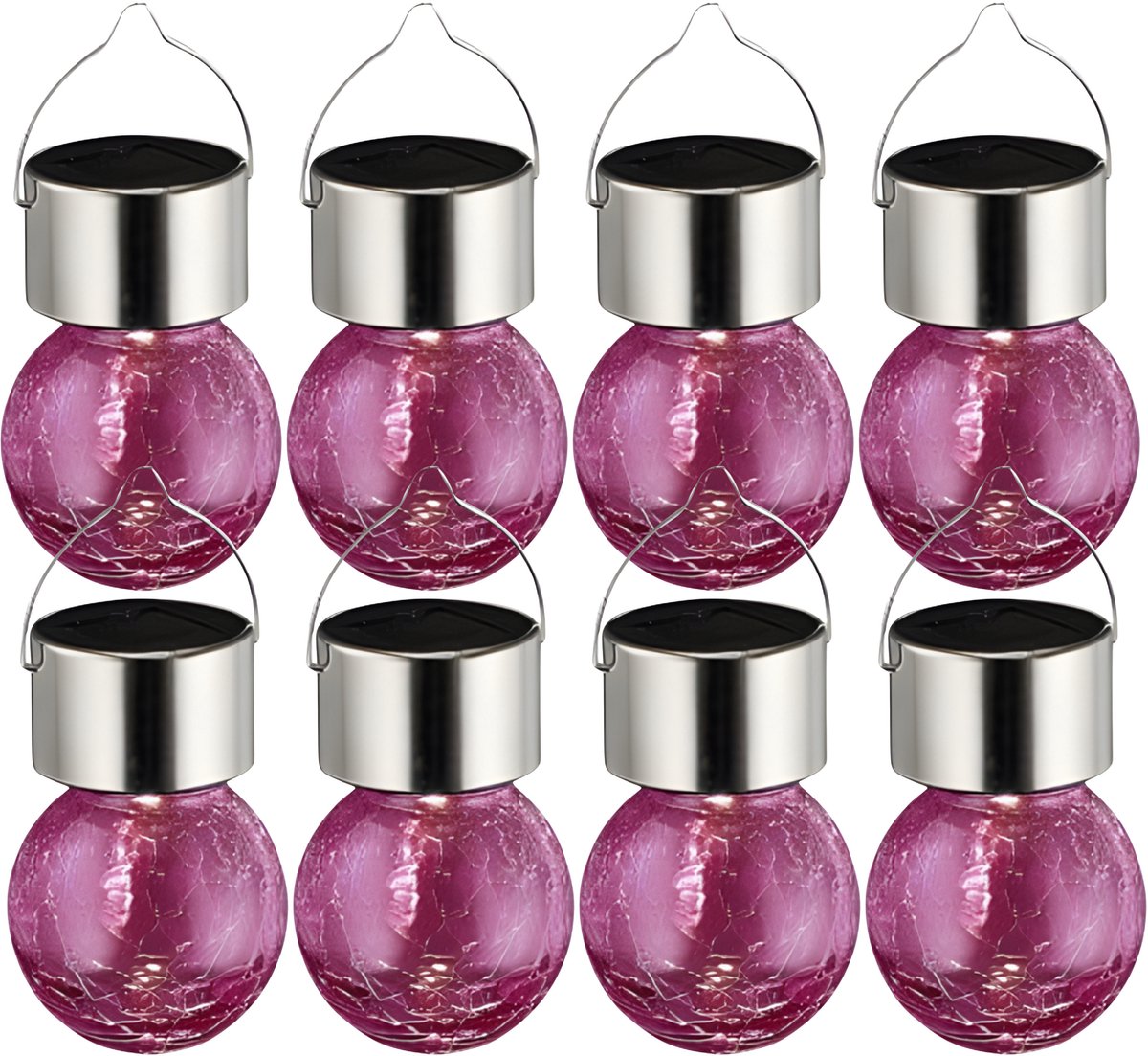 Sunnydays Solar sfeer hanglamp - 8x - tuin - lampenbol - roze - glas - 9 cm - ophang haakj