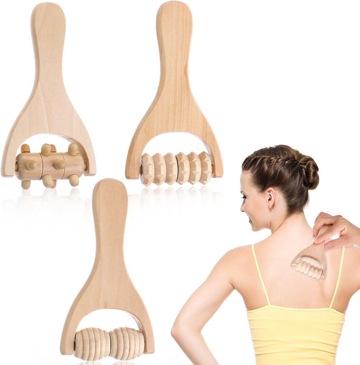 3 stuks Houten Massage-instrumenten – Massagerollers – Handmatige Spierroller – Ontspanning voor Hele Lichaam, Benen, Dijen & Handen
