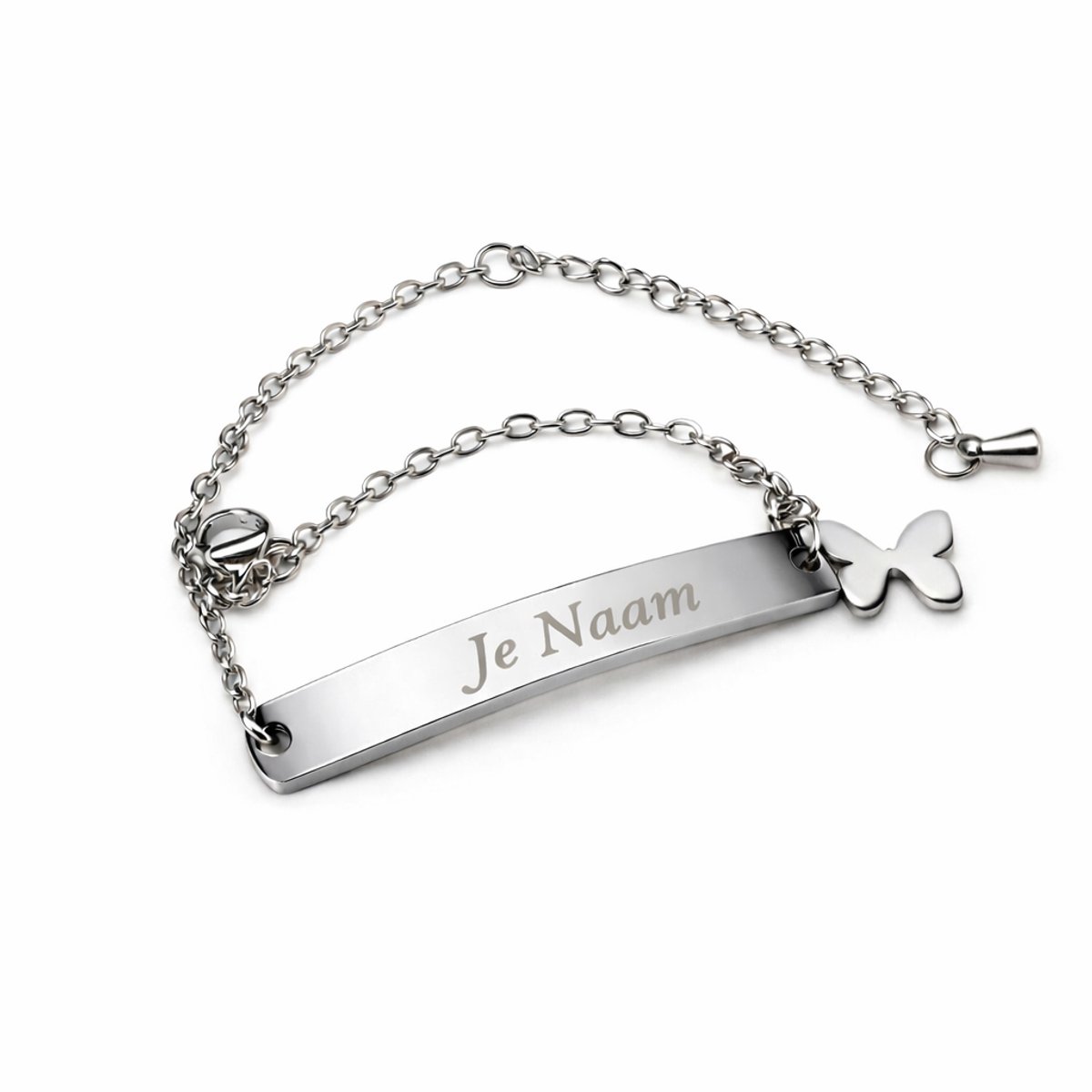 Armband met graveer, Armband met naam, Armband - gepersonaliseerd - zilverkleurig - met vlinderbedel - gebogen naamplaatje - verstelbaar, Armband met naamplaatje ,graveerarmband