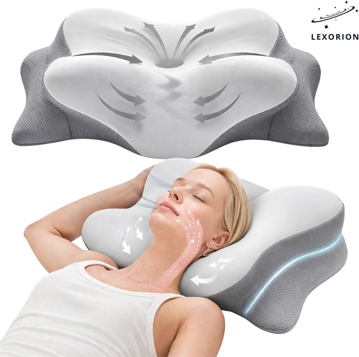 Lexorion Butterfly Flex - Verstelbaar Traagschuim Nekkussen - Ergonomisch Hoofdkussen - Cervicaal Ondersteuningskussen - Voor Zij- en Rugslapers White and Black