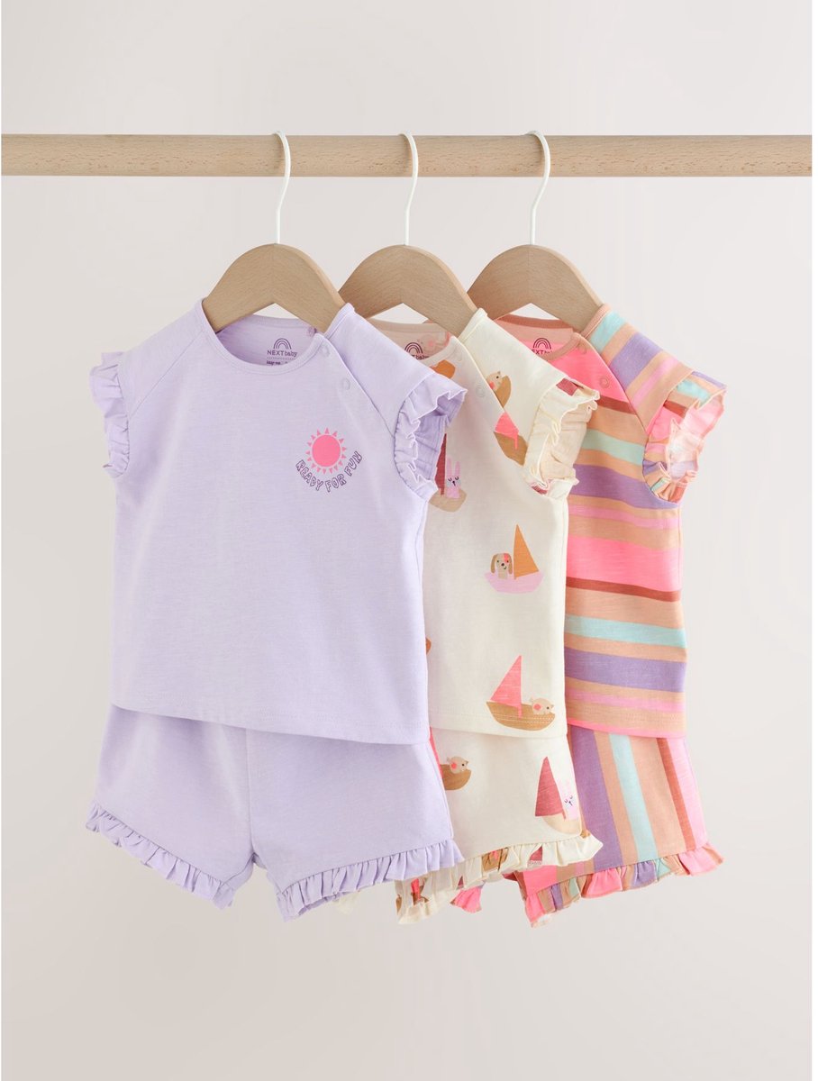 Next - Meisjes - wit gebloemd - Babyset met korte mouwen top en short 6 -delige set - Paars