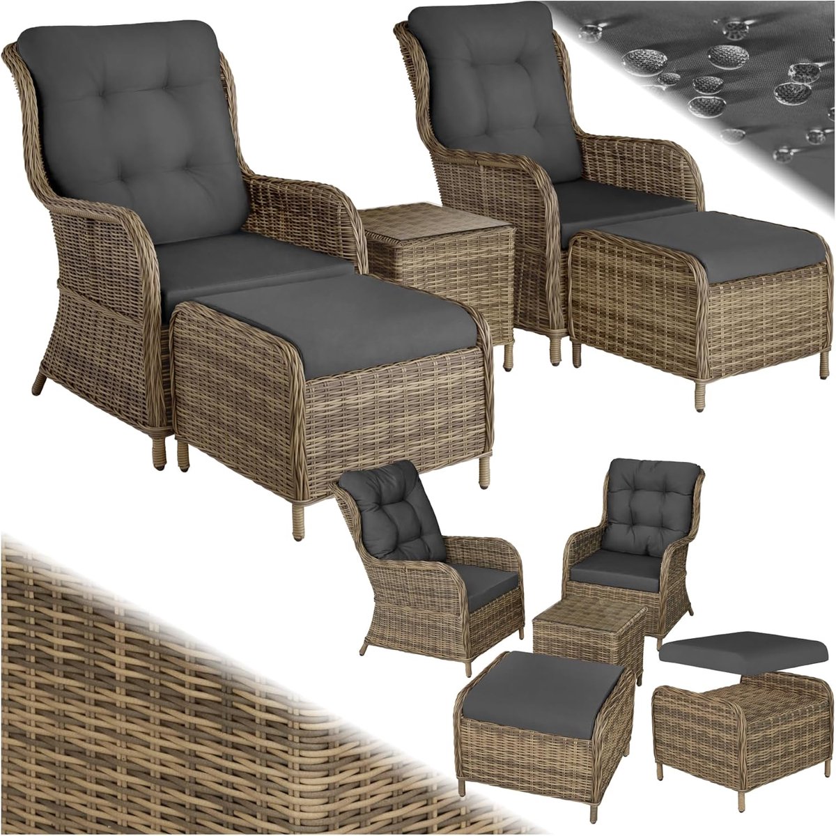 Rotan tuinmeubelset 90 x 67 x 100 cm – Luxe 5-delige relaxstoel set met 2 stoelen, krukken en tafel – Aluminium loungeset met kussens voor balkon & terras – Naturel Urbanhome