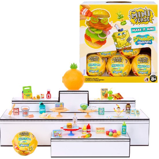 Miniverse Spongebob Squarepants verzamelset met Krabby Patty-thema speelgoed, inclusief een ananasvormige container en verschillende gerechten.