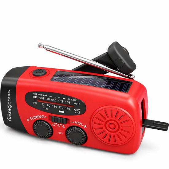 Variogoods Noodradio Solar - 2000mAh Powerbank - LED Zaklamp - Opwindbaar via Handcrank & Zonne-energie - AM/FM/SW - Voor Noodpakket & Camping - Rood
