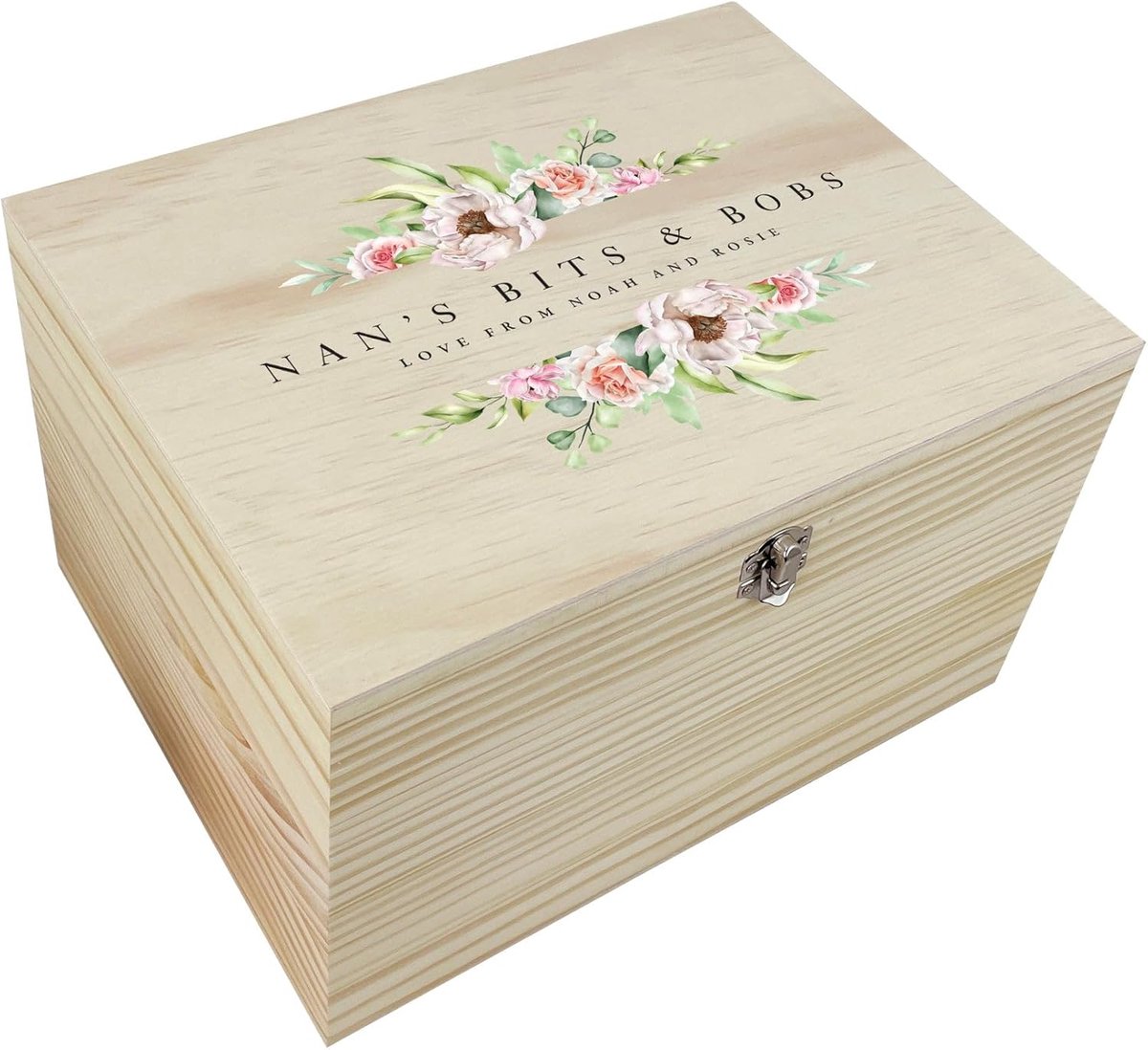 Houten Herinneringsdoos - Gepersonaliseerd Cadeau - Speciale Momenten - Met Bloemendecoratie - 16x11x9.5 cm - Bruin