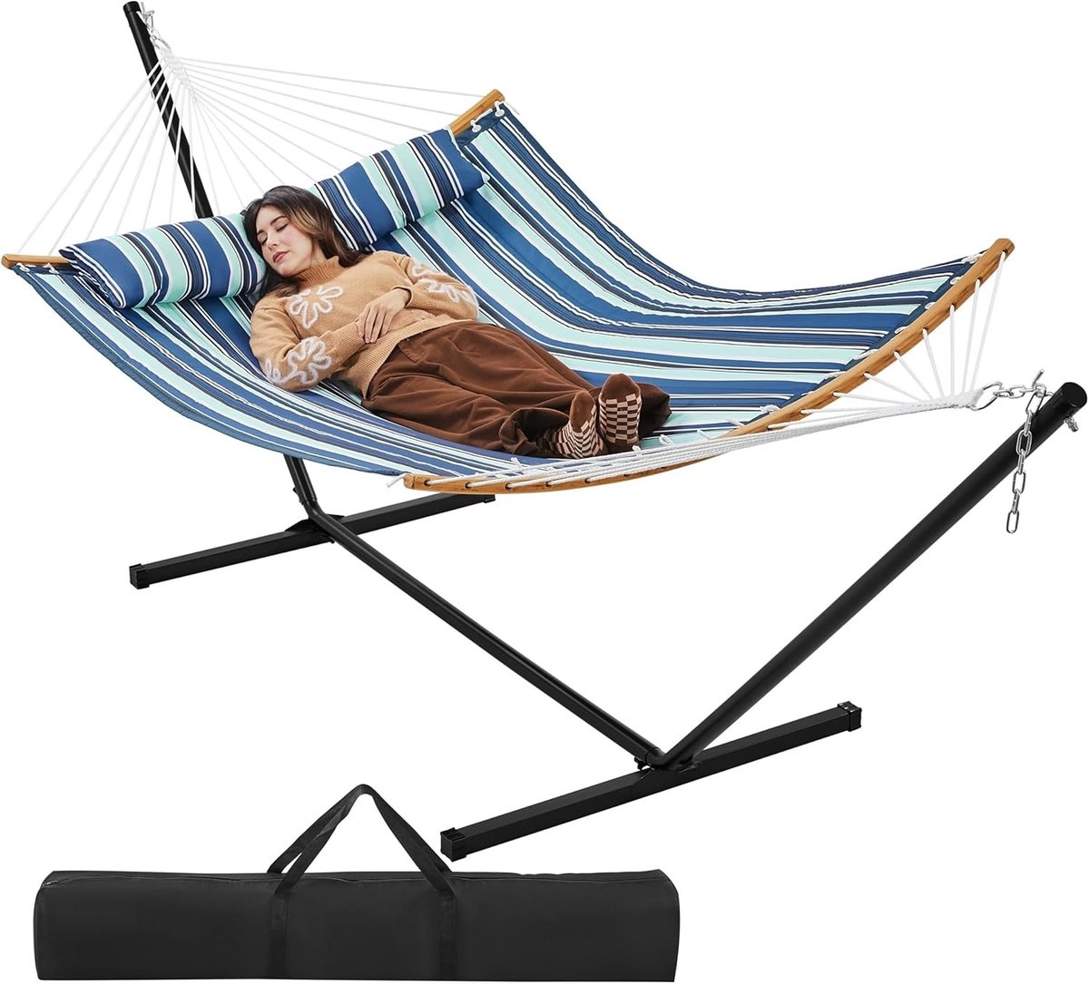 Hangmat met Standaard – Ultiem Comfort en Ontspanning – Verstelbare Hoogte – Duurzaam Metaal en Polyester – Ideaal voor Tuin, Balkon of Camping – Relaxen Buiten, 3-Persoons Hangmat