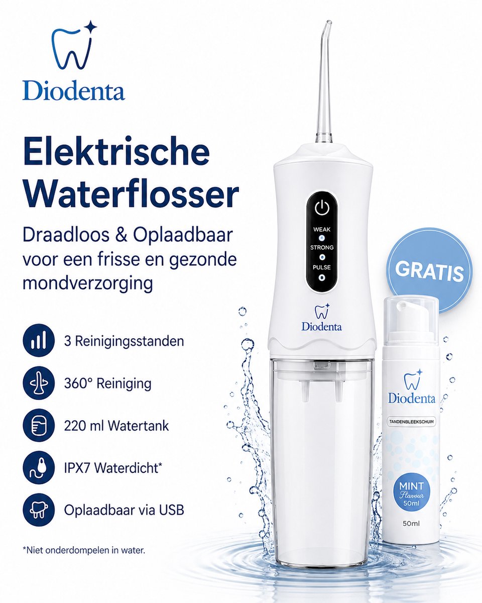Diodenta - Multifunctionele Waterflosser 220ml watertank - Verwisselbare Mondstukken - Tongreiniging - USB oplaadkabel - 3 Modus - WIT - Waterflosser -