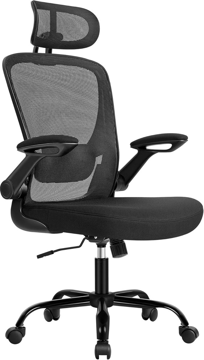 Songmics OBN047B01 Bureaustoel, Ergonomische bureaustoel, Draaistoel met gaas, Gewatteerde lendensteun, schommelfunctie, 53 cm stoel, opklapbare armleuningen, hoofdsteun, inktzwart