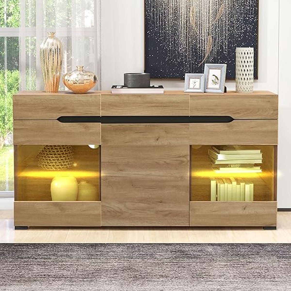 Moderne LED Dressoir Kast met 3 Deuren en 3 Laden Oaklook 140x35x80 cm - Ruime Opbergkast met RGB Verlichting, Acryl Deuren en Slim Kabelbeheer