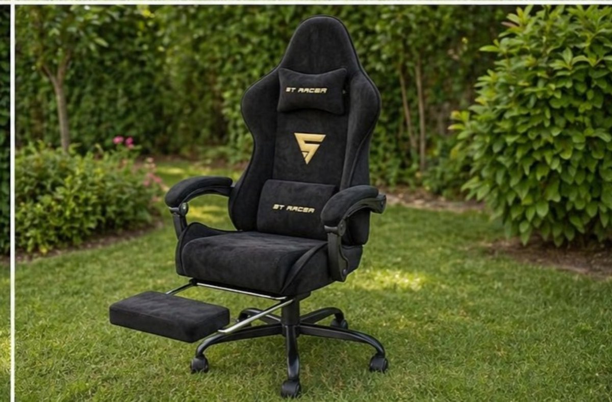 Ergonomische Gamingstoel 48 x 49 x 125 cm met Voetensteun en Hoofdsteun – Verstelbare Bureaustoel met Massagefunctie, Velours Stof, 360° Draaibaar en SGS Gaslift – Zwart – Vermissen