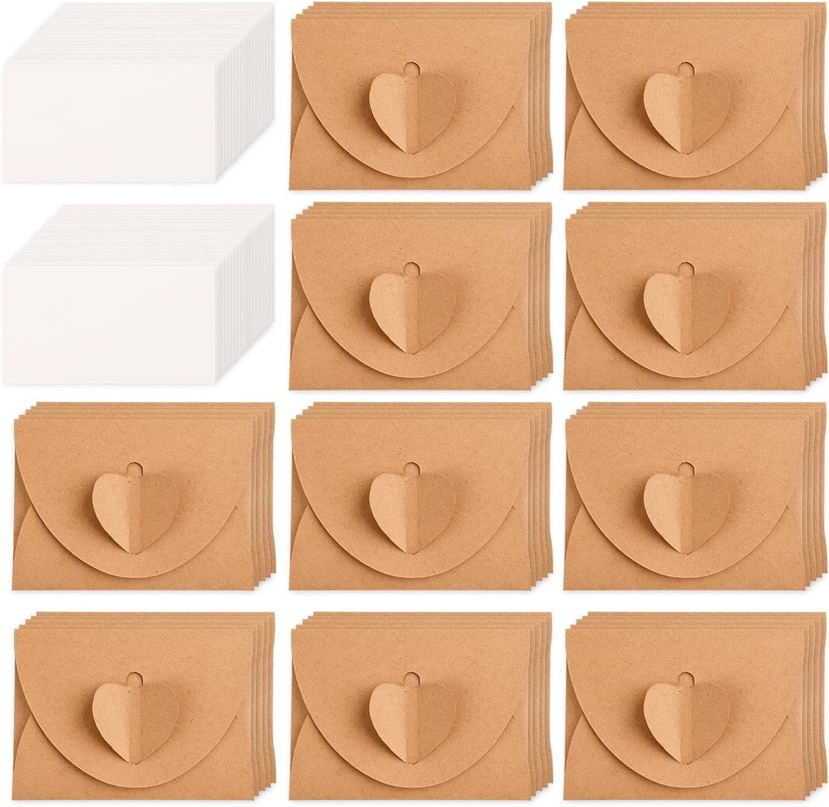 Kraft Papieren Enveloppen 50 Stuks met Lege Kaarten, Mini Enveloppen voor DIY Bedankkaarten en Uitnodigingen, Vintage Stijl met Hart Sluiting