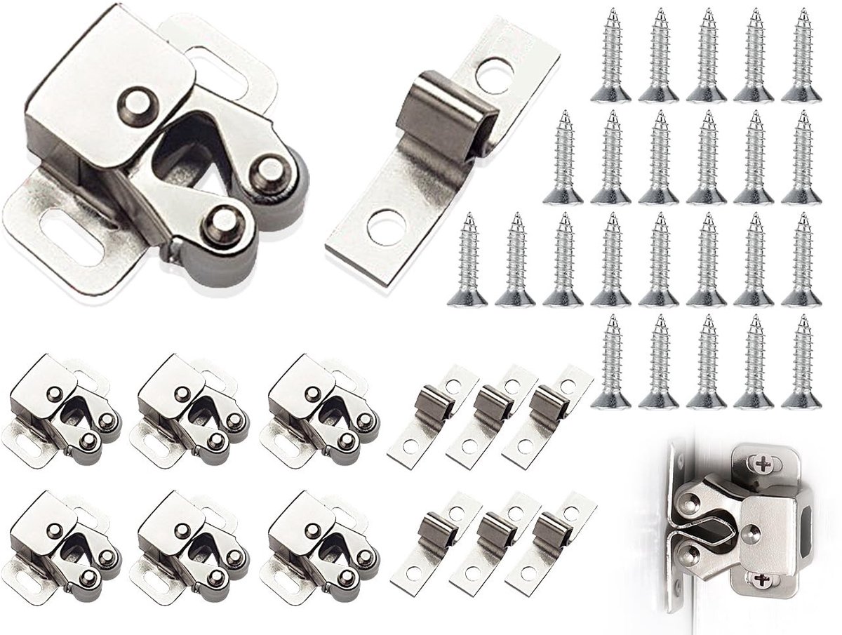 Allecto - 6 Pcs Furniture Snappers Set - Dubbele Roller Snappers - Stabiliteit voor Kastdeuren - Zilver - Kast Deursnapper - Compleet met Schroeven...