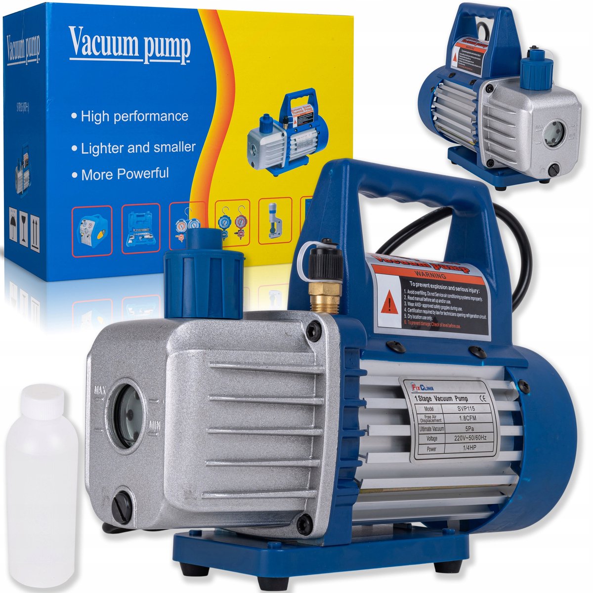 FixClima SVP115 Vacuümpomp - 1-Traps - 51 l/min (1.8 CFM) - 1/4 HP - Voor Airconditioning, Koeltechniek en Warmtepompen - Compact en Mobiel