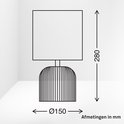 Dessin schématique d'une lampe de table avec dimensions : hauteur 280 mm, diamètre 150 mm.