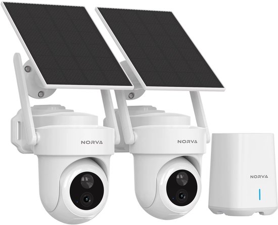 Twee witte Norva beveiligingscamera's met zonnepanelen en een witte smart hub.