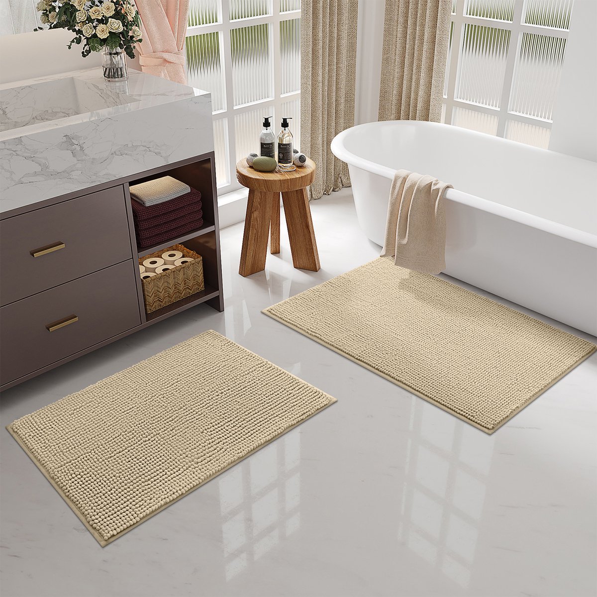 Homaxy - Badmat Antislip – Douchemat –Badmat Badkamer - Wasbare kort pluche Chenille Badmat- Voetenmat - Beige- 50x80cm